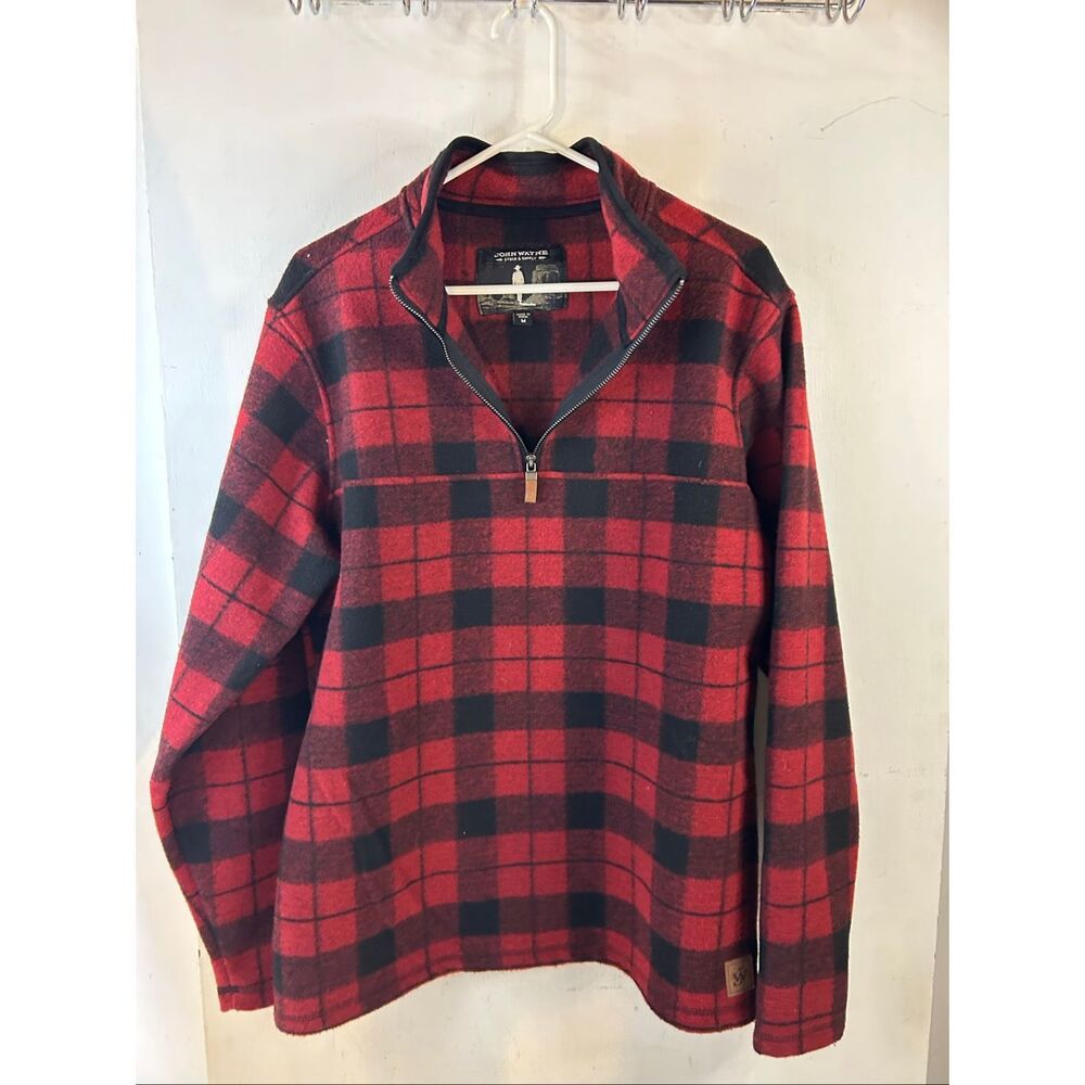 John Wayne M Stock Supply 1/4 zip ls Flannel Shirt‎ REd Black